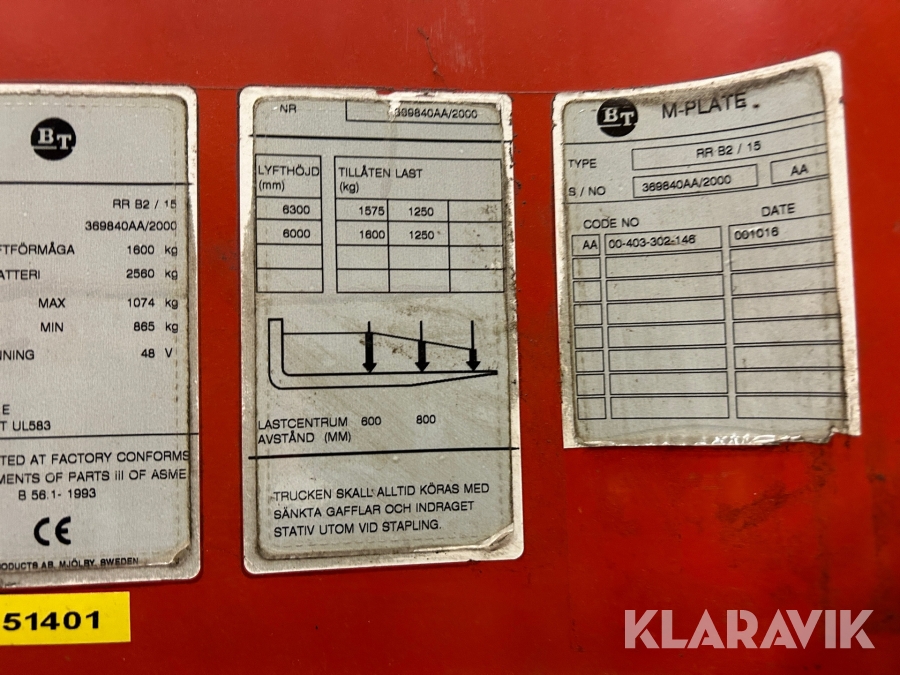 Skjutstativtruck BT RRB2-15, Partille, Klaravik auktioner