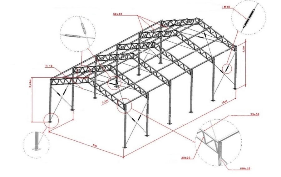 Galvaniserad stålkonstruktion 8 x 16 x 4 m (Ny)