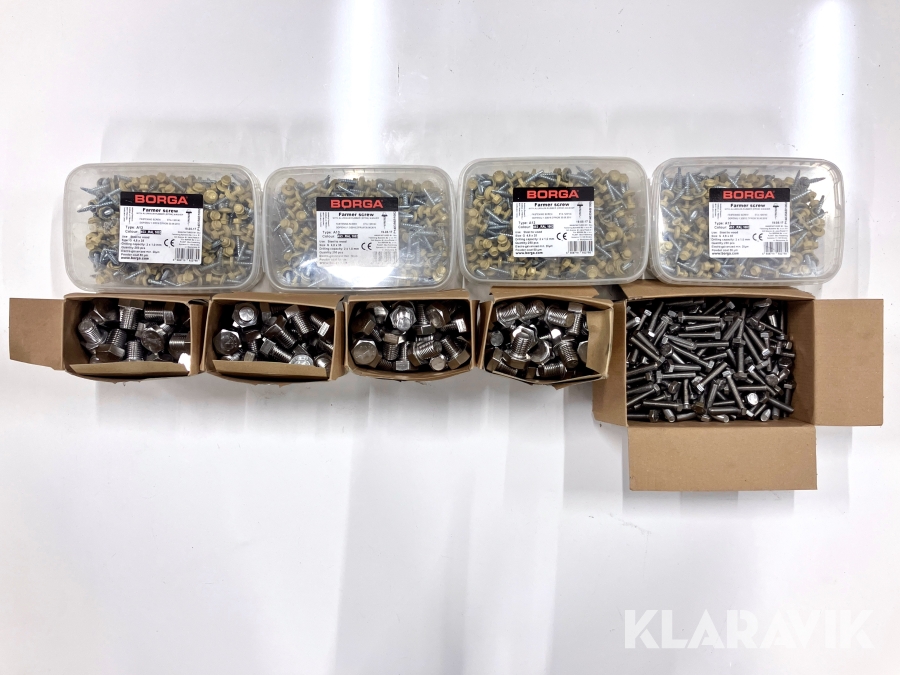 Parti med skruv/bult i plastlådor Borga