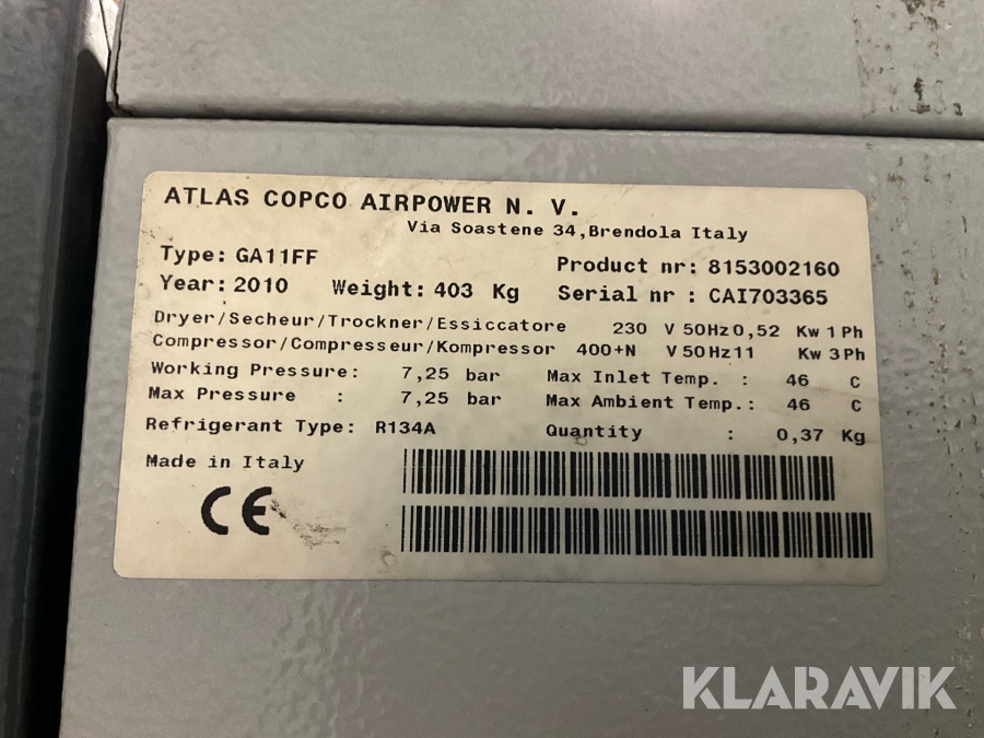 Skruvkompressor Atlas Copco GA11FF, Umeå, Klaravik auktioner
