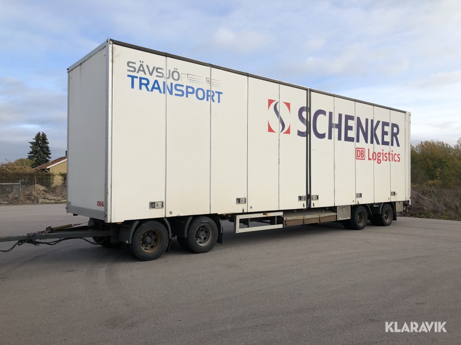Lastbilssläp/skåpsläp med öppningsbar sida samt bak