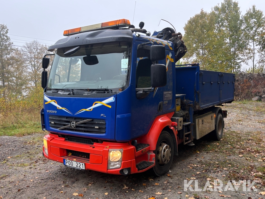 Kranbil Volvo FL280 Tippbart flak med skopa och gafflar