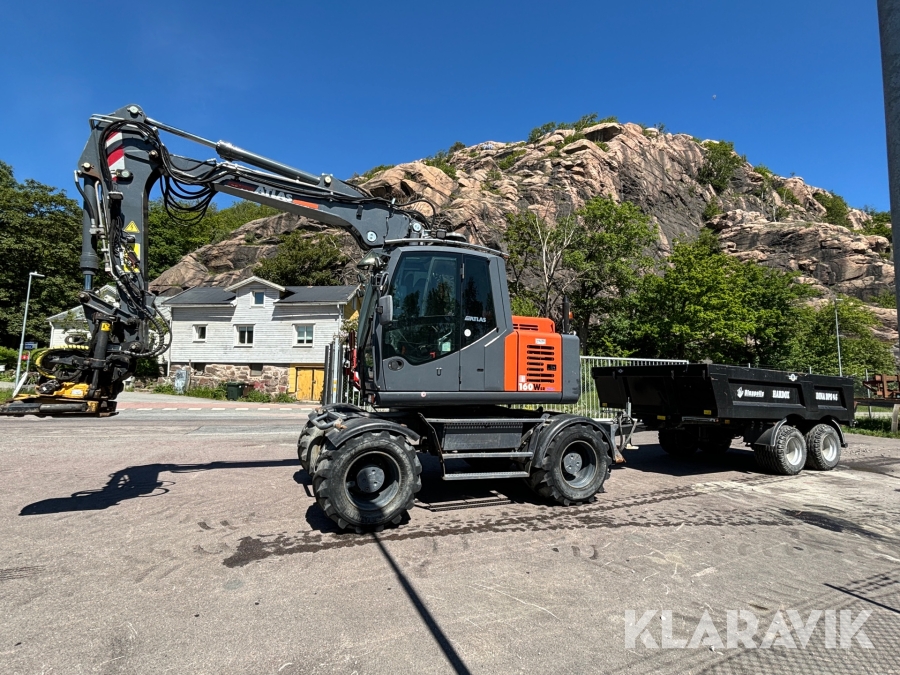 Hjulgrävmaskin Atlas 160WSR med flera redskap, tiltrotator och Dinapolis-kärra