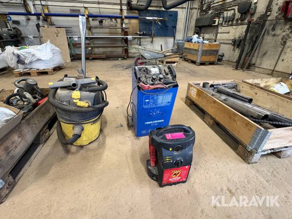 Parti med verkstadsmaskiner Batteriladdare, Startbooster, Dammsugare.