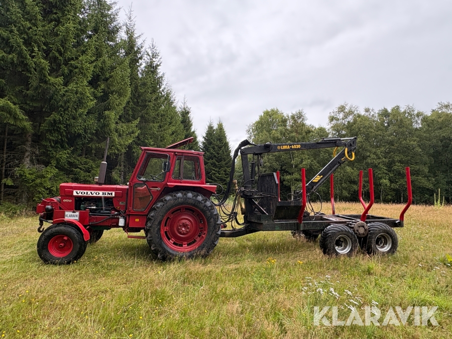 Traktor/ Skogsekipage Volvo BM 650 med skogsvagn Möre, Lima-6030 timmerkran och vinsch