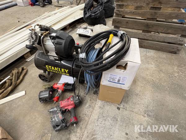 Kit med kompressor, spikpistoler, spik samt slangar Stanley, Haubold, Scanfast, Montana