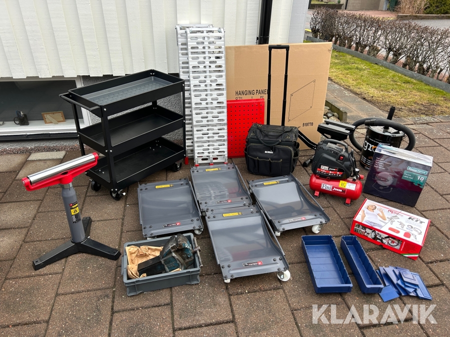 Kompressor, hjuldollys, ramper, vagn, väska mm