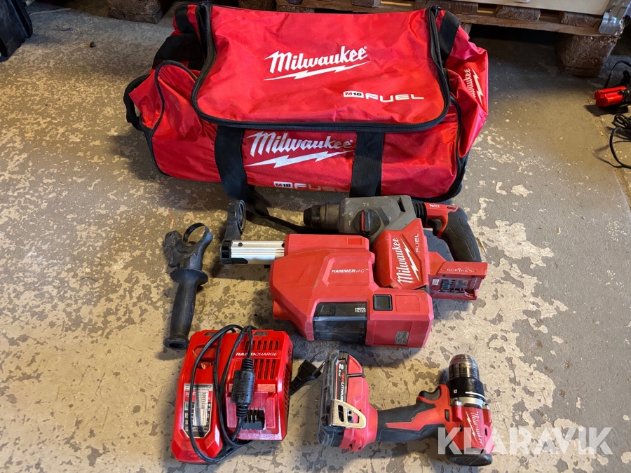 Verktygspaket Milwaukee M18 Borrhammare m utsugsenhet, borrskruvdragare & laddare.