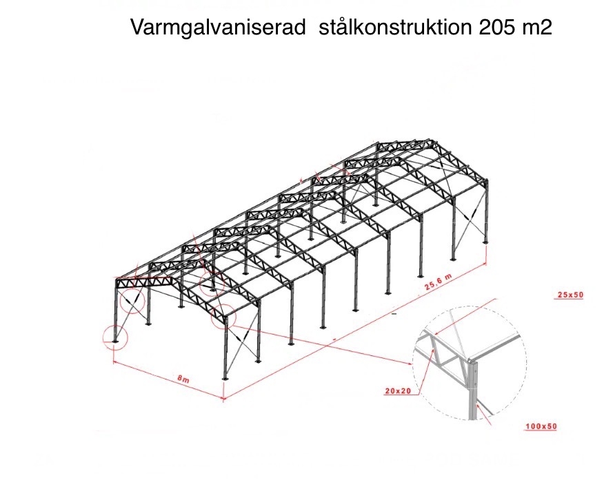 Varmgalvaniserad stålkonstruktion 205 m2  (Ny)
