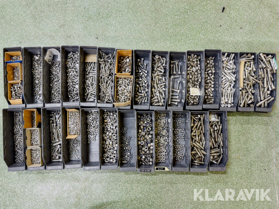 Parti med rostfria skruv och muttrar sorterat i olika dimensioner 