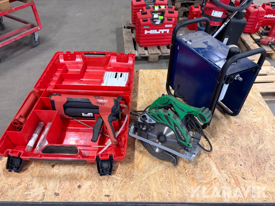 Cirkelsåg 1 st, Injekteringsspistol 1 st, Tryckluftfilter 1 st Hitachi/ Hilti/ Sundström 