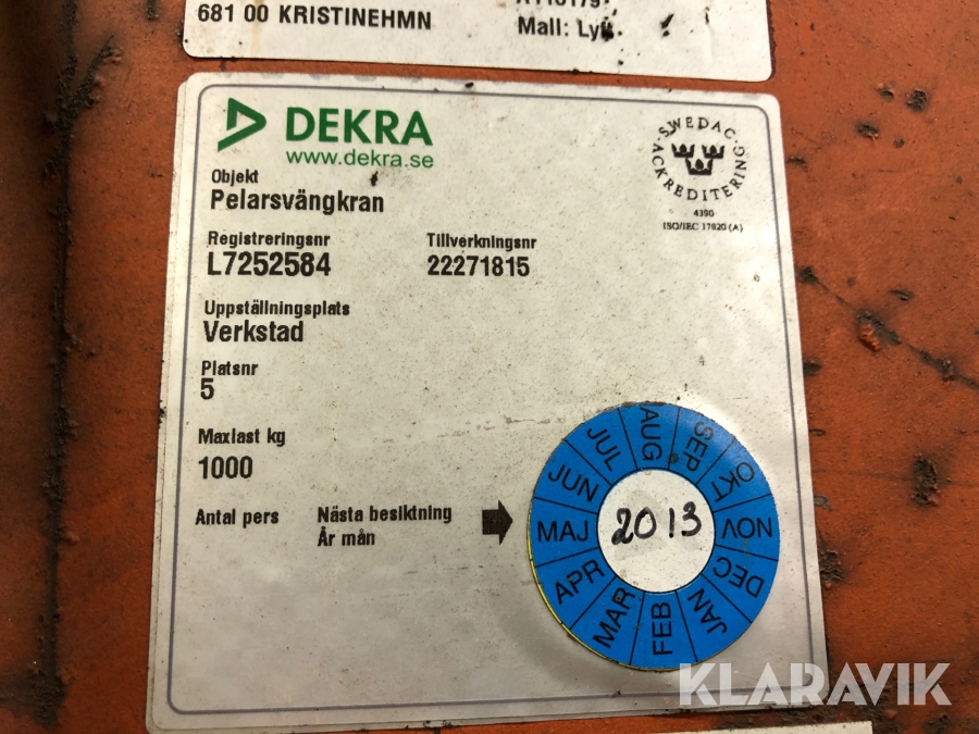 Klaravik Auktioner | Pelarsvängkran Asea 1 ton